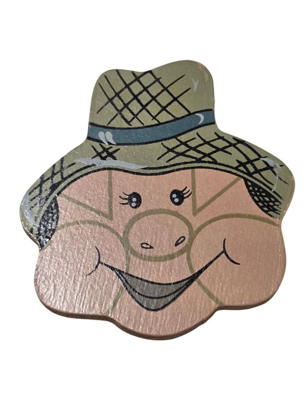 Hand Painted Wooden PIg Magnet Smiling Face Hat Farm Animal Fridge Accessory